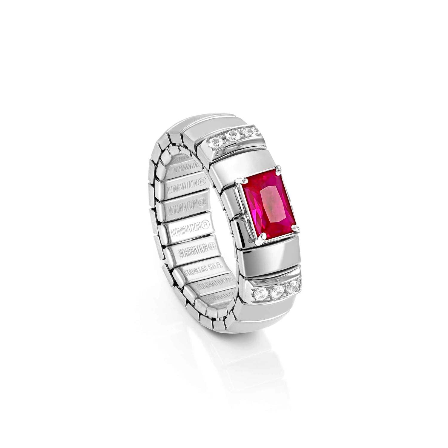 Nomination EXTENSION Ring aus Edelstahl, mit 1 Cubic Zirkonia (Baguette-Schliff) und Cubic Zirkonia-Pavés in 925er Silber-Fassung verziert (005_ROT)