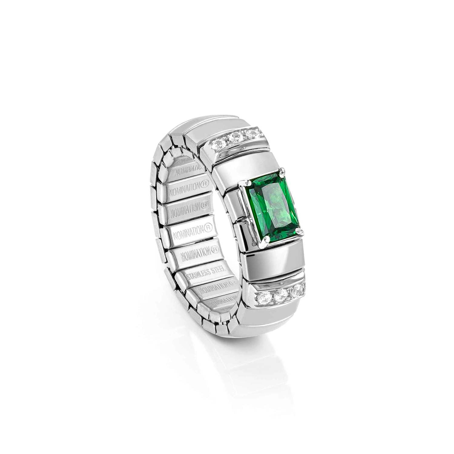 Nomination EXTENSION Ring aus Edelstahl, mit 1 Cubic Zirkonia (Baguette-Schliff) und Cubic Zirkonia-Pavés in 925er Silber-Fassung verziert (027_SMARAGDGRUEN)