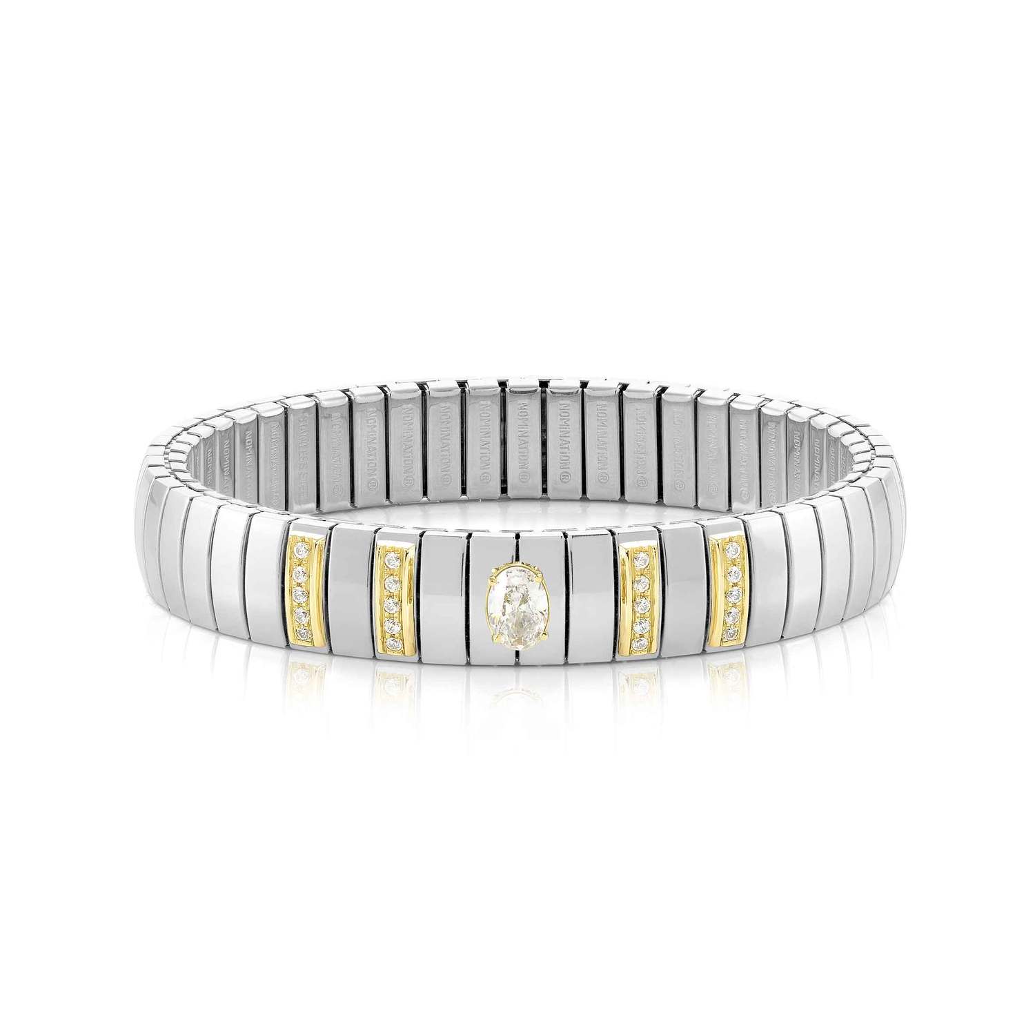 Nomination EXTENSION Armband (M-Größe) aus Edelstahl, mit 1 Cubic Zirkonia (Oval-Schliff) und Cubic Zirkonia-Pavés in 18kt Gelbgold-Fassung verziert (010_WEISS)