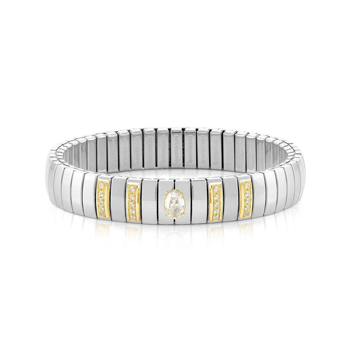 Nomination EXTENSION Armband (M-Größe) aus Edelstahl, mit 1 Cubic Zirkonia (Oval-Schliff) und Cubic Zirkonia-Pavés in 18kt Gelbgold-Fassung verziert (010_WEISS)