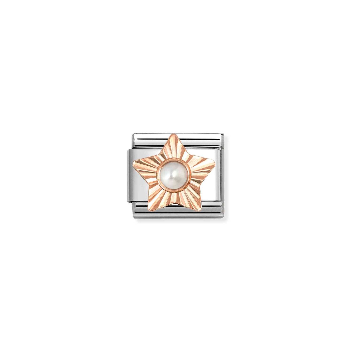 Nomination COMPOSABLE CLASSIC Element aus Edelstahl, dazu Stern aus 9kt Roségold, diamantiert und mit eingefasstem Edelstein verziert (13_PERLE WEISS)