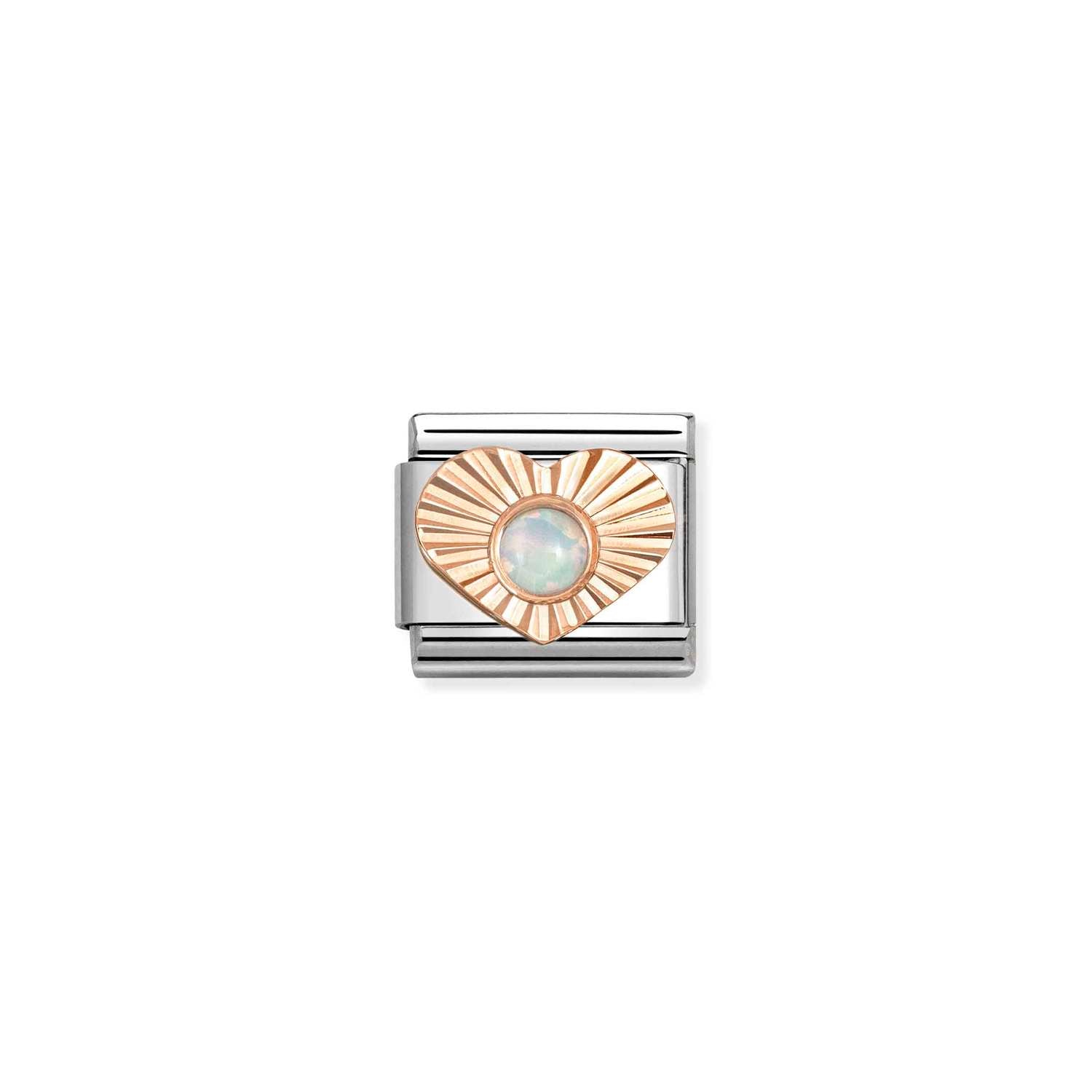 Nomination COMPOSABLE CLASSIC Element aus Edelstahl, dazu Herz aus 9kt Roségold, diamantiert und mit eingefasstem Edelstein verziert (07_OPAL WEISS)