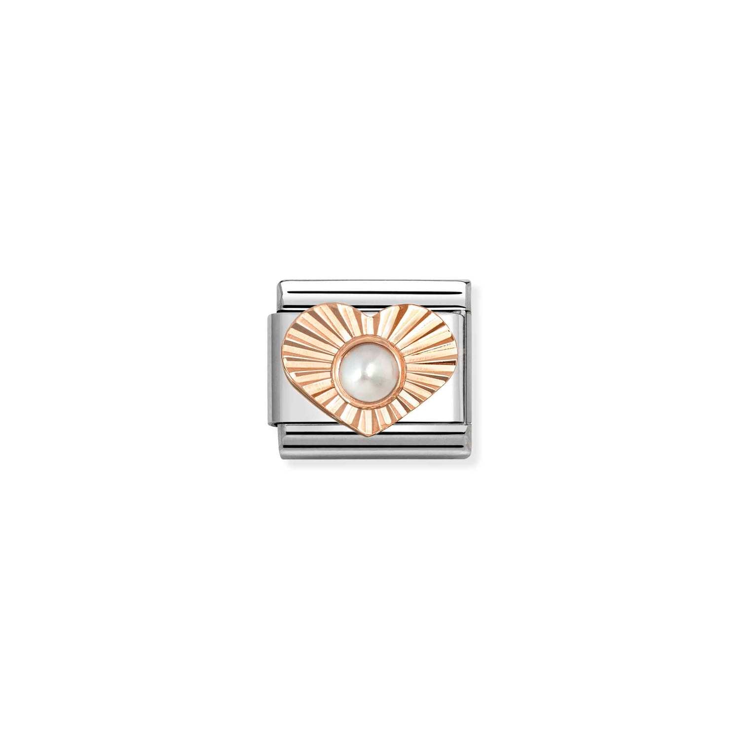 Nomination COMPOSABLE CLASSIC Element aus Edelstahl, dazu Herz aus 9kt Roségold, diamantiert und mit eingefasstem Edelstein verziert (13_PERLE WEISS)