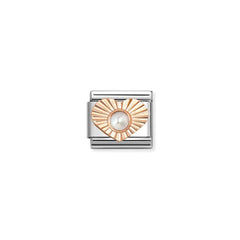 Nomination COMPOSABLE CLASSIC Element aus Edelstahl, dazu Herz aus 9kt Roségold, diamantiert und mit eingefasstem Edelstein verziert (13_PERLE WEISS)