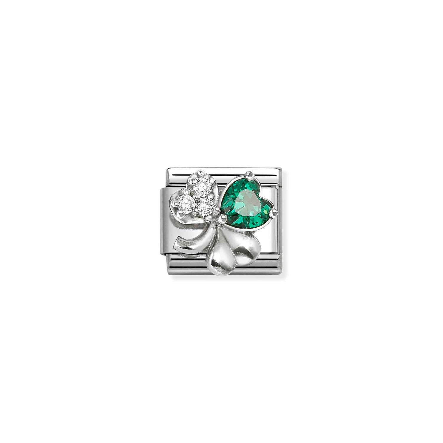 Nomination COMPOSABLE CLASSIC Element aus Edelstahl, mit 925er Silber und Cubic Zirkonia verziert (10_(Klee, Weiß/Grün))