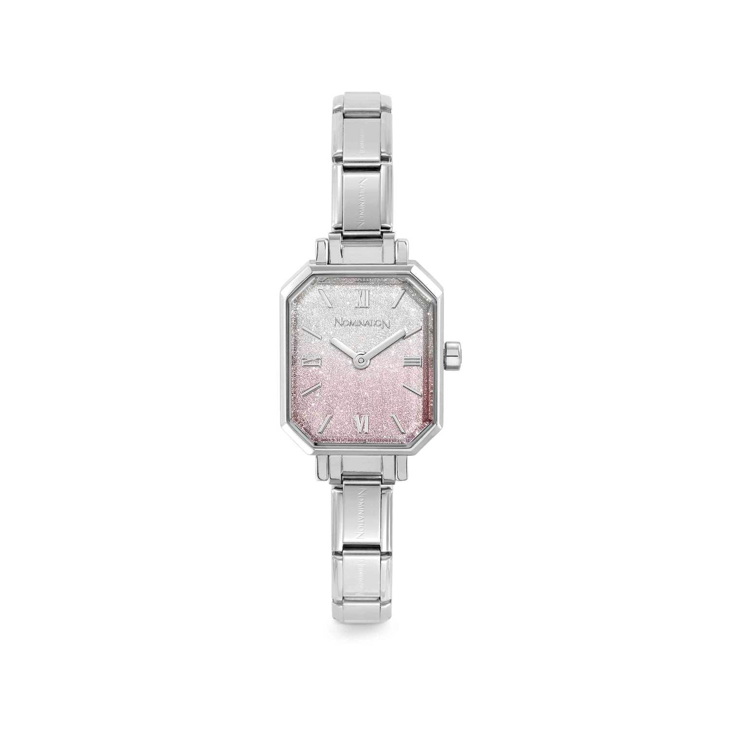 Nomination PARIS Armbanduhr aus Edelstahl mit eckigem Gehaeuse (034_(Glitzer, Rosa-Abstufung))