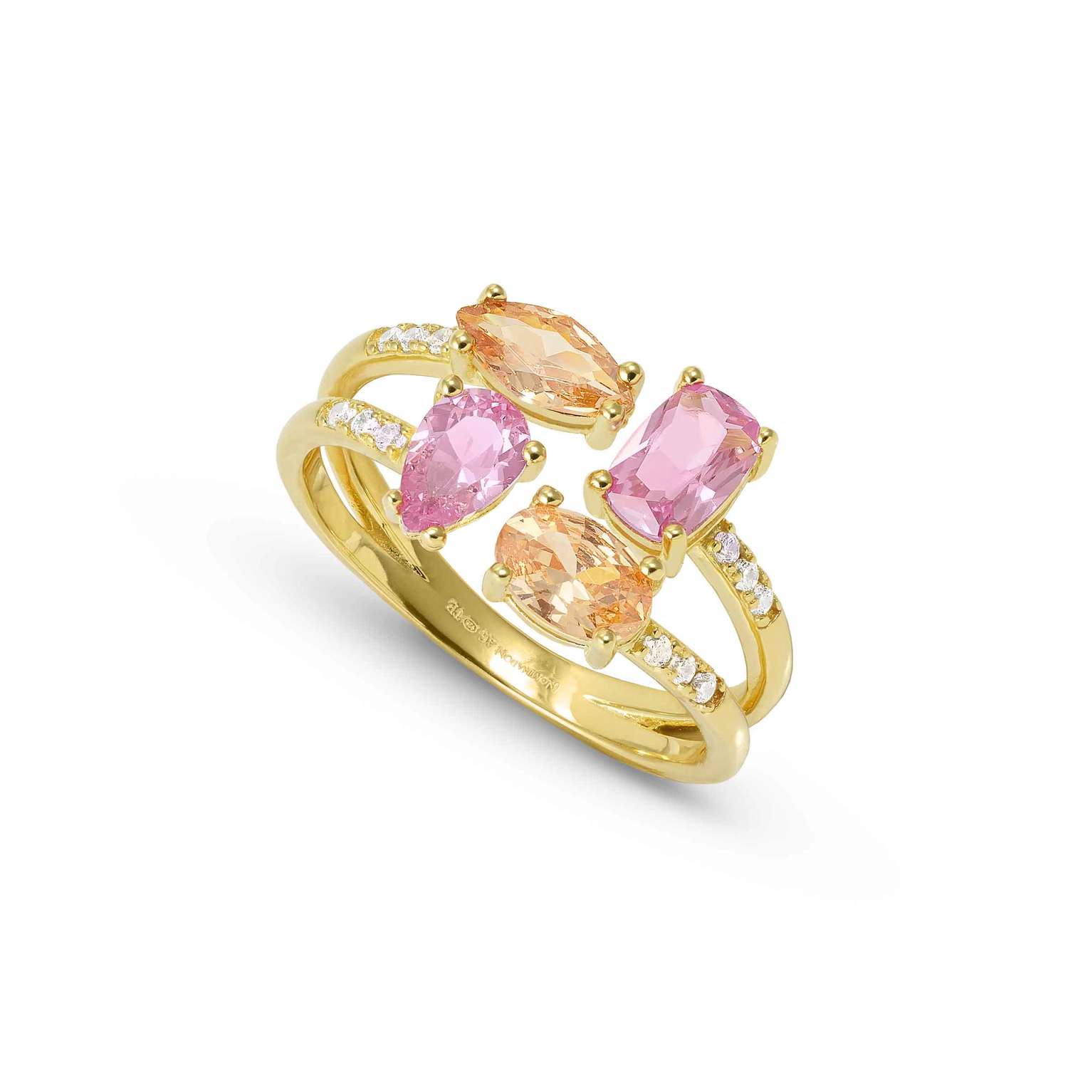Nomination COLOUR WAVE AURORA ED, 'Toi-et-Moi'-Ring (doppelt) aus 925er Silber, mit Cubic Zirkonia besetzt (012_(Gelb vergoldet)-006_Grosse 15)