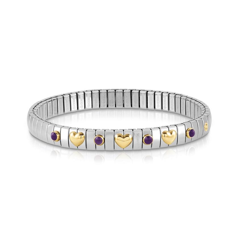 Nomination Armband XTE in Edelstahl, 3 HERZEN in 750er Gold und mit 4 Edelsteinen (013_AMETHYST) 044610/013