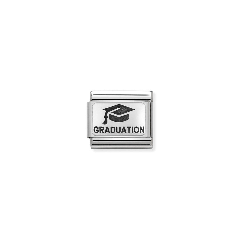 Nomination COMPOSABLE CLASSIC OXIDIERTE PLAKETTE aus Edelstahl, mit 925er Silber verziert, (02_Schulabschluss mt Hut) 330109/02