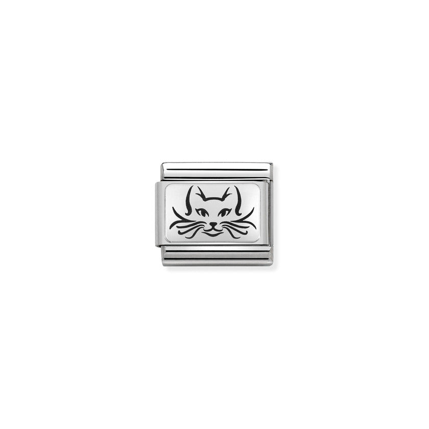 Nomination COMPOSABLE CLASSIC OXIDIERTE PLAKETTE aus Edelstahl, mit 925er Silber verziert, (05_Katze) 330109/05