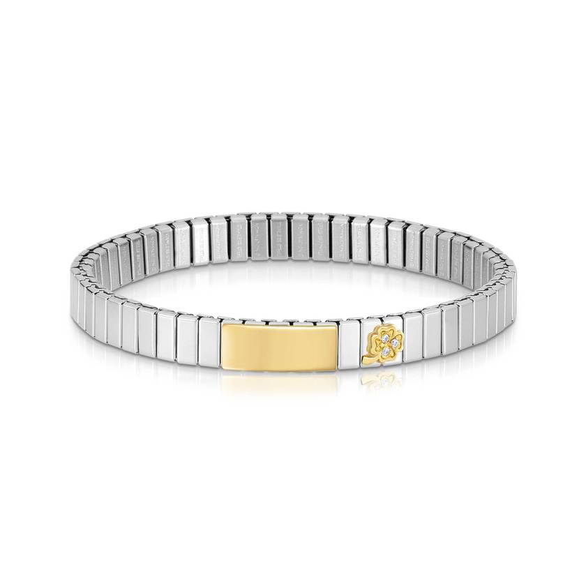 Nomination EXTENSION SMALL Armband aus Edelstahl, mit Plakette aus 18Kt-Gold und mit Cubic Zirkonia verzierter Figur: mit individueller Gravur (002_Klee) P042215/002