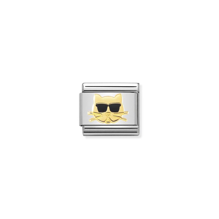 Nomination COMPOSABLE CLASSIC SYMBOLE Element aus Edelstahl, mit 18Kt Gelbgold und Emaille verziert, (44_Katze mit Brille) 030272/44