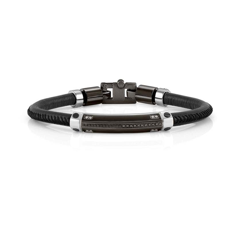 Nomination GENTLEMAN Armband aus Edelstahl und Leder, mit Diamanten und Edelsteinen verziert (Laenge: 21,5cm) (015_Schwarz) 132901/015