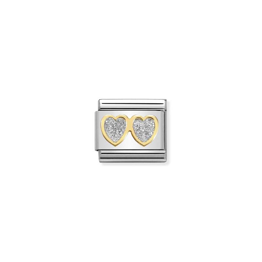 Nomination COMPOSABLE CLASSIC GLITTER SYMBOLE Element aus Edelstahl, mit 18Kt-Gelbgold und Emaille verziert (01_2 Herzen SILBER) 030220/01