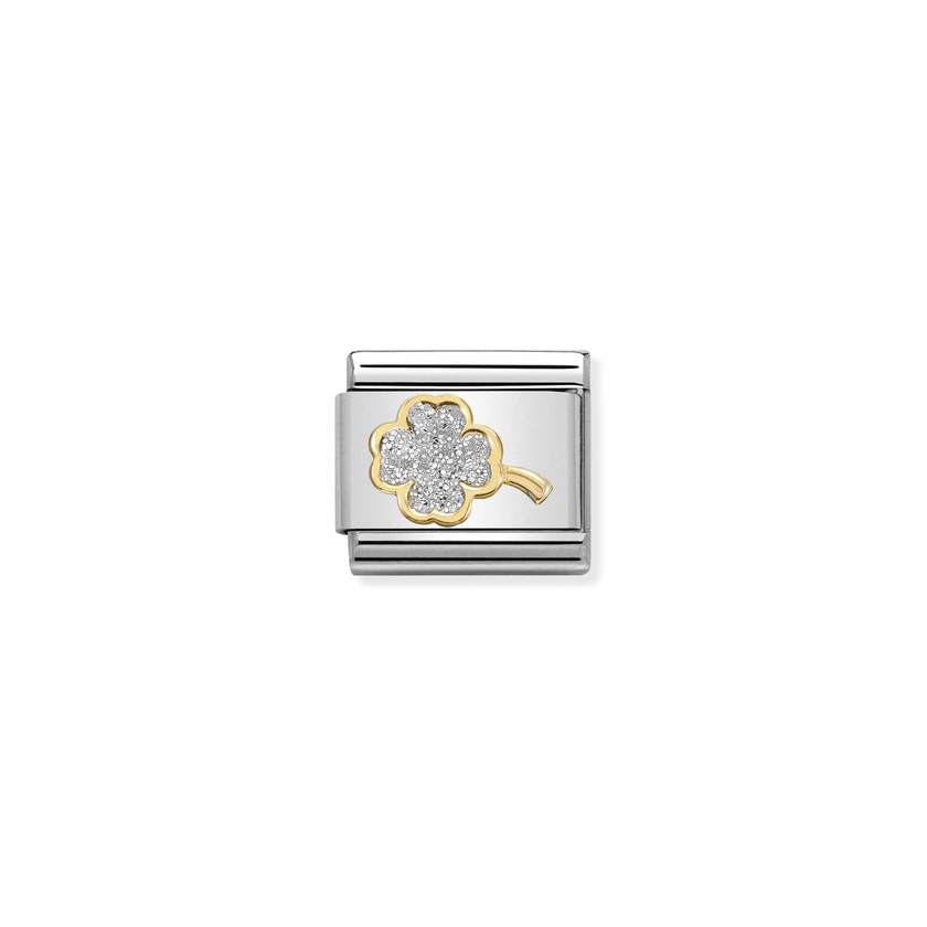 Nomination COMPOSABLE CLASSIC GLITTER SYMBOLE Element aus Edelstahl, mit 18Kt-Gelbgold und Emaille verziert (03_Kleeblatt SILBER) 030220/03