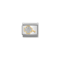 Nomination COMPOSABLE CLASSIC GLITTER SYMBOLE Element aus Edelstahl, mit 18Kt-Gelbgold und Emaille verziert (03_Kleeblatt SILBER) 030220/03
