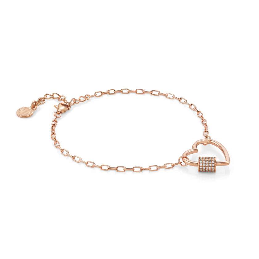 Nomination CHARMING Armband (L: 17-20cm) aus 925er Silber, dazu ein mit Cubic Zirconia in Pave-Fassung verzierter Schraubkarabiner (007_Herz Rosegold) 148501/007