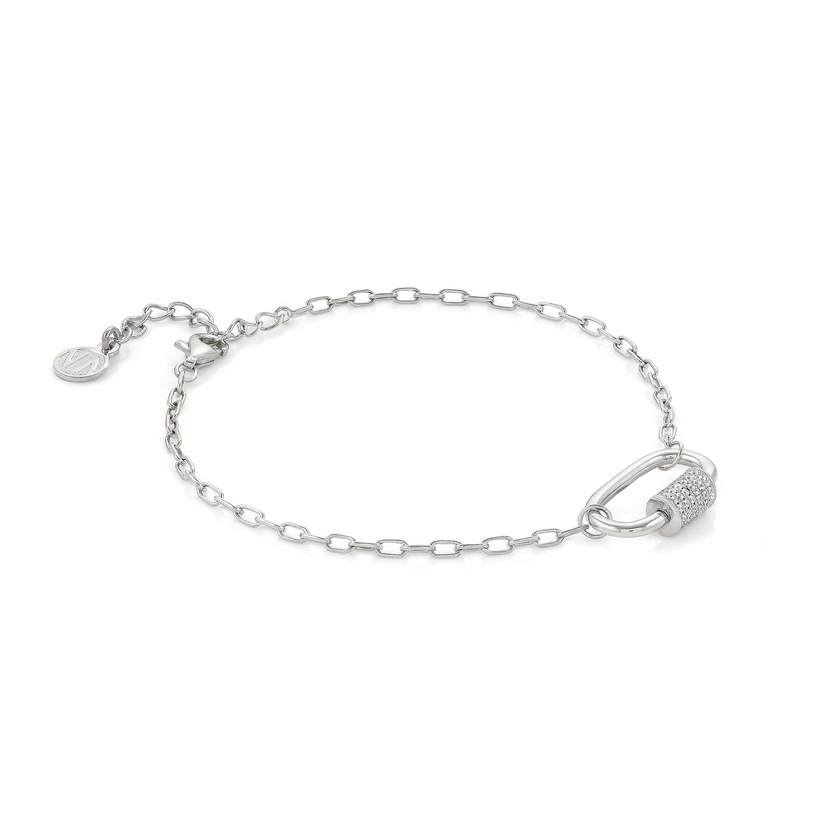 Nomination CHARMING Armband (L: 17-20cm) aus 925er Silber, dazu ein mit Cubic Zirconia in Pave-Fassung verzierter Schraubkarabiner (014_Rechteck (Silber)) 148501/014