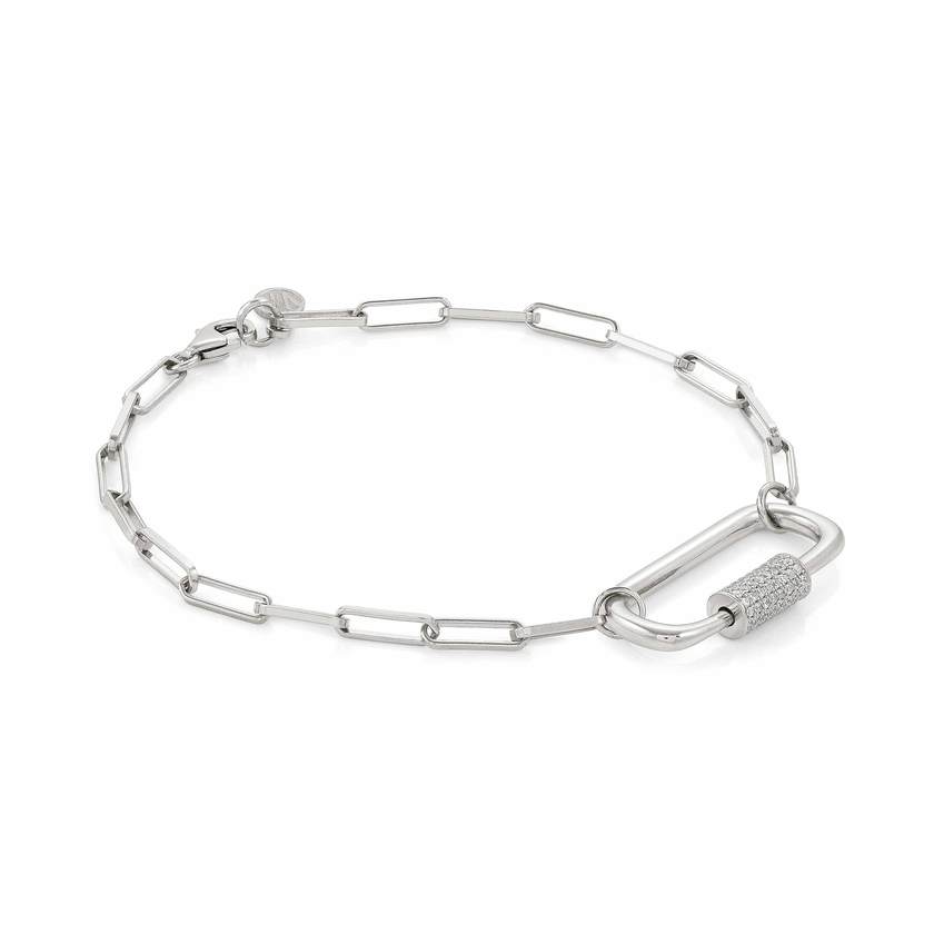 Nomination CHARMING Armband (L: 20cm) aus 925er Silber, dazu ein mit Cubic Zirconia in Pave-Fassung verzierter Schraubkarabiner (014_Rechteck (Silber)) 148502/014