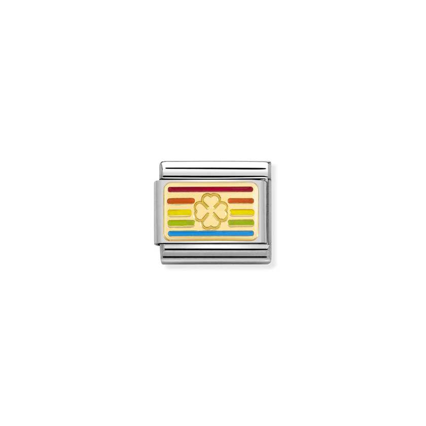 Nomination COMPOSABLE CLASSIC PLAETTCHEN Element aus Edelstahl, mit 18Kt Gelbgold und Emaille verziert (25_(Flagge Regenbogen-Kleeblatt)) 030263/25