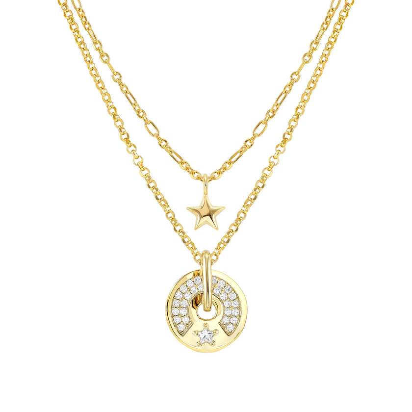 Nomination SENTIMENTAL Halskette aus 925er Silber, Kreis-Anhaenger mit 2 Reihen Cubic Zirkonia verziert (002_Stern Gelbgold) 149203/002
