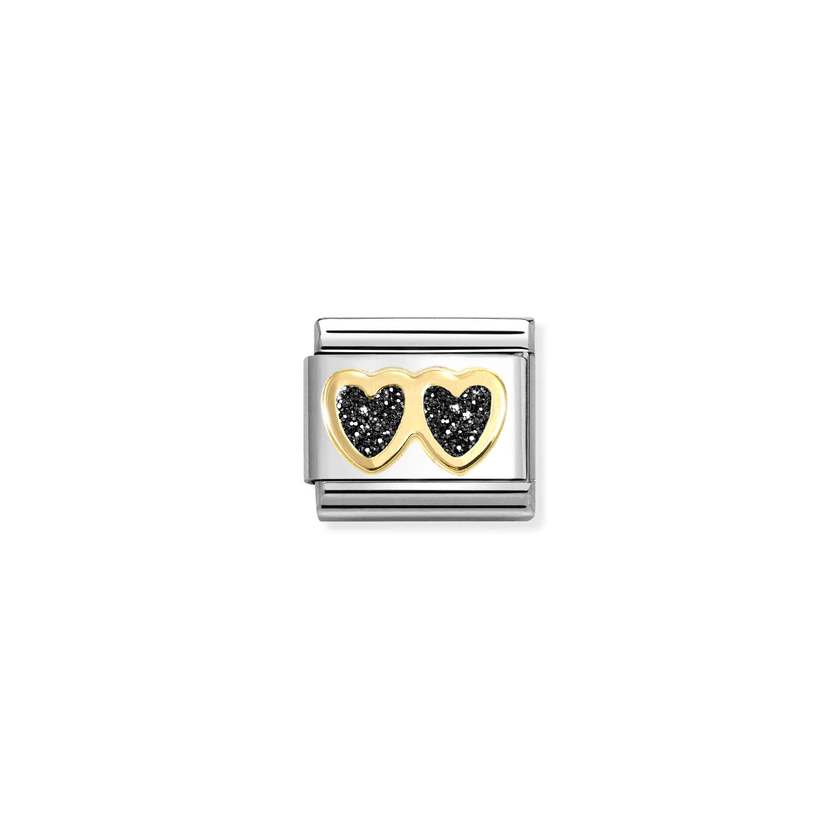 Nomination COMPOSABLE CLASSIC GLITTER SYMBOLE Element aus Edelstahl, mit 18Kt-Gelbgold und Emaille verziert (14_(doppeltes Herz, Schwarz)) 030220/14