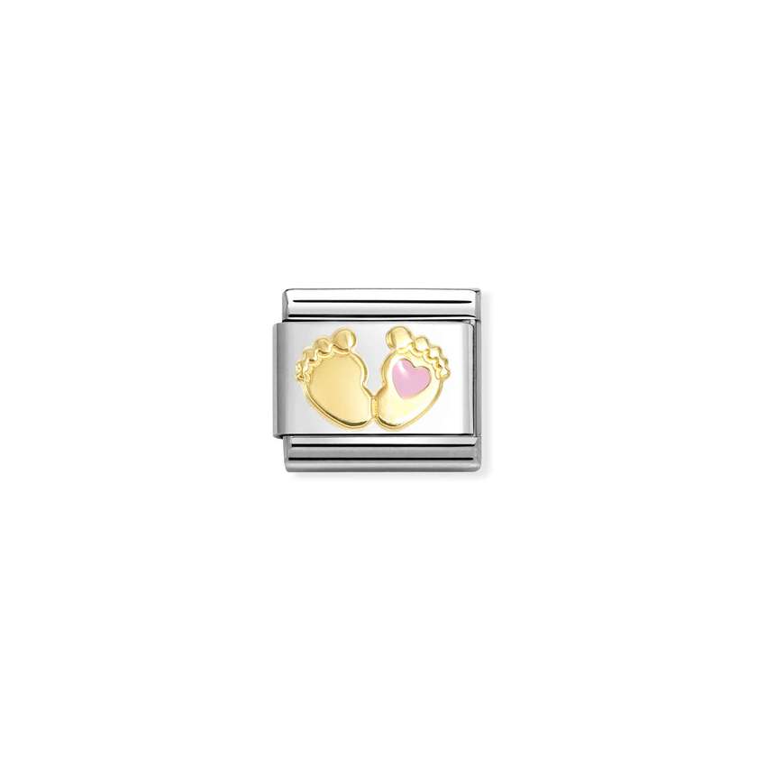 Nomination COMPOSABLE CLASSIC SYMBOLE Element aus Edelstahl, mit 18Kt Gelbgold und Emaille verziert, (85_(Fuesschen, Rosa)) 030272/85